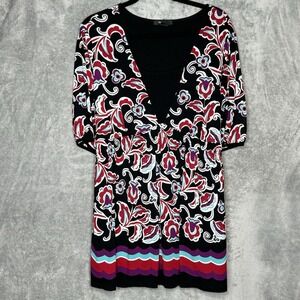 Style & Co 3X Top Shirt Black Red Paisley Scoop Neck Short Sleeve Faux V Neck